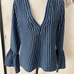 Alexis V Neck Blue White Stripe Pullover Shirt Bell Sleeves